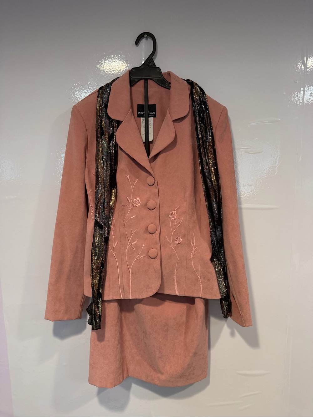 Women's Vintage Dusty Rose Suede Jacket and Skirt Set with embroidered flowers